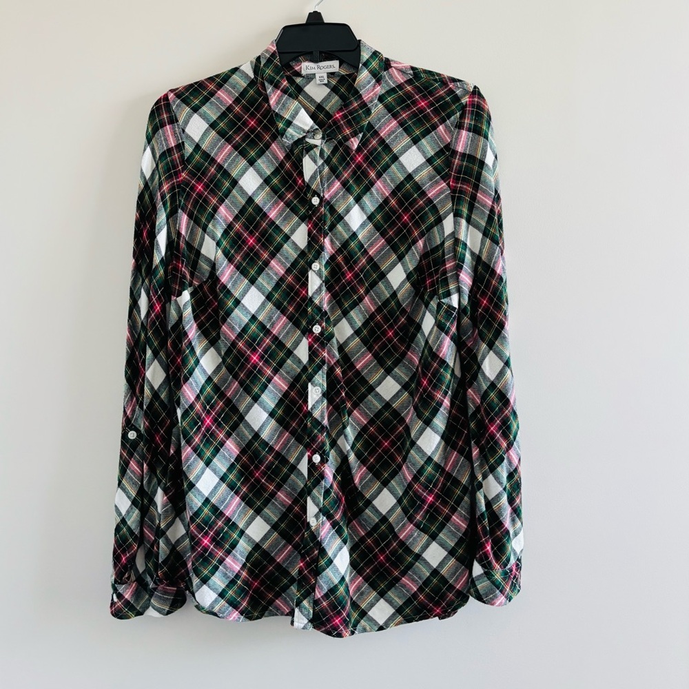 VTG Kim Rogers Flannel Button Up Shirt Green Red Green Gold Womens XXL Holiday